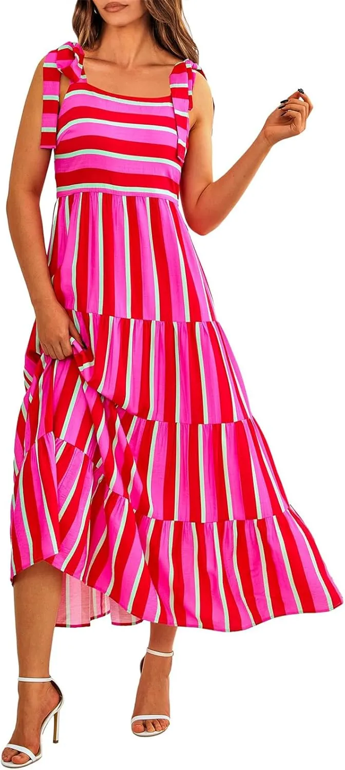 Women Dresses 2025 Summer Floral Sleeveless Maxi Dress Casual Spaghetti Strap Tiered Flowy Beach Long Dress