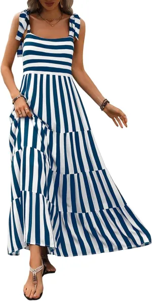 Women Dresses 2025 Summer Floral Sleeveless Maxi Dress Casual Spaghetti Strap Tiered Flowy Beach Long Dress