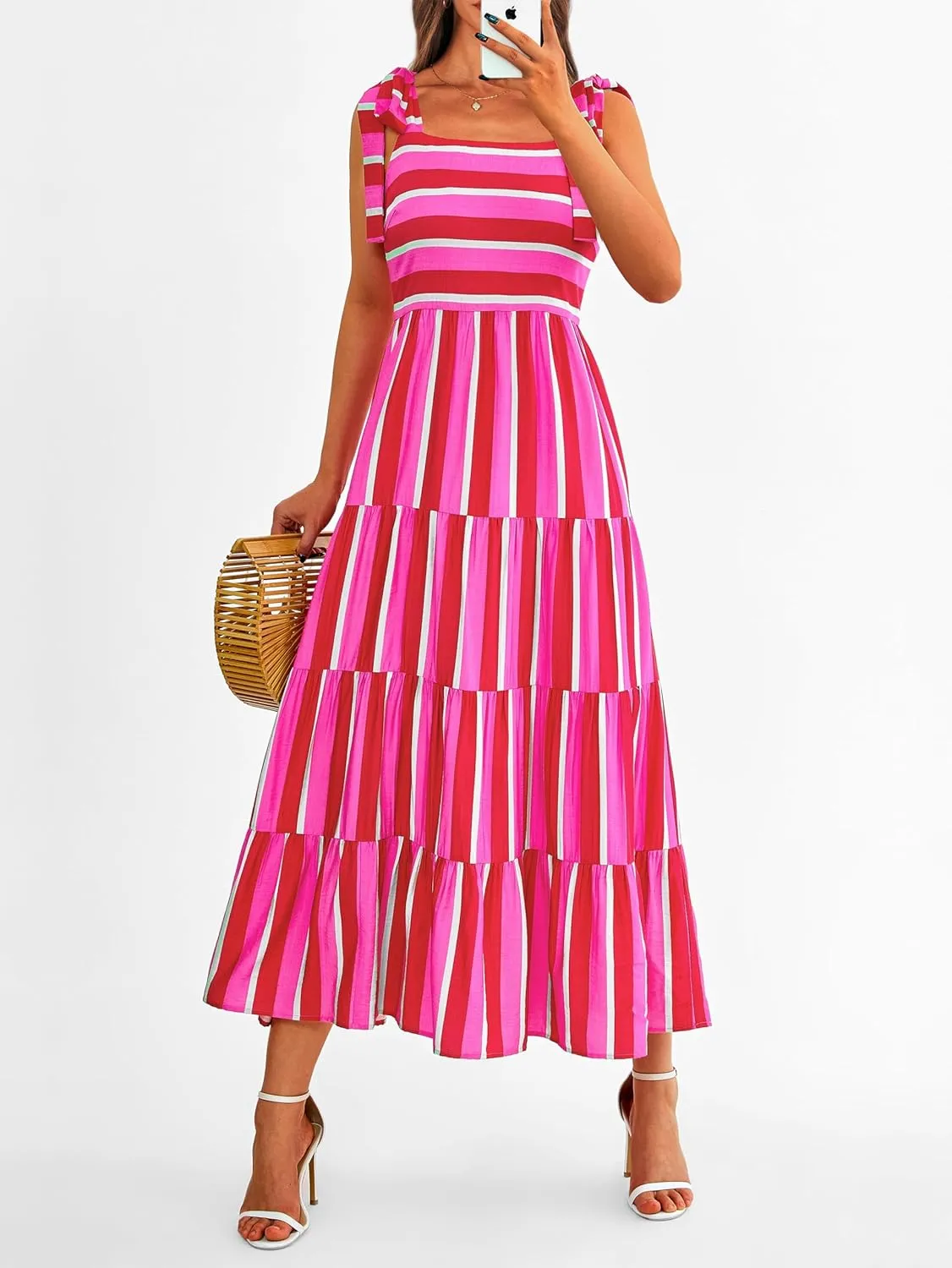 Women Dresses 2025 Summer Floral Sleeveless Maxi Dress Casual Spaghetti Strap Tiered Flowy Beach Long Dress