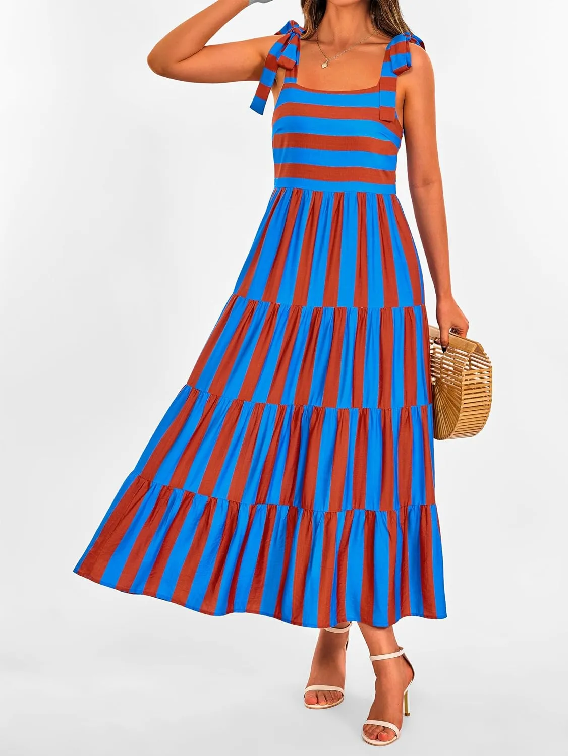 Women Dresses 2025 Summer Floral Sleeveless Maxi Dress Casual Spaghetti Strap Tiered Flowy Beach Long Dress