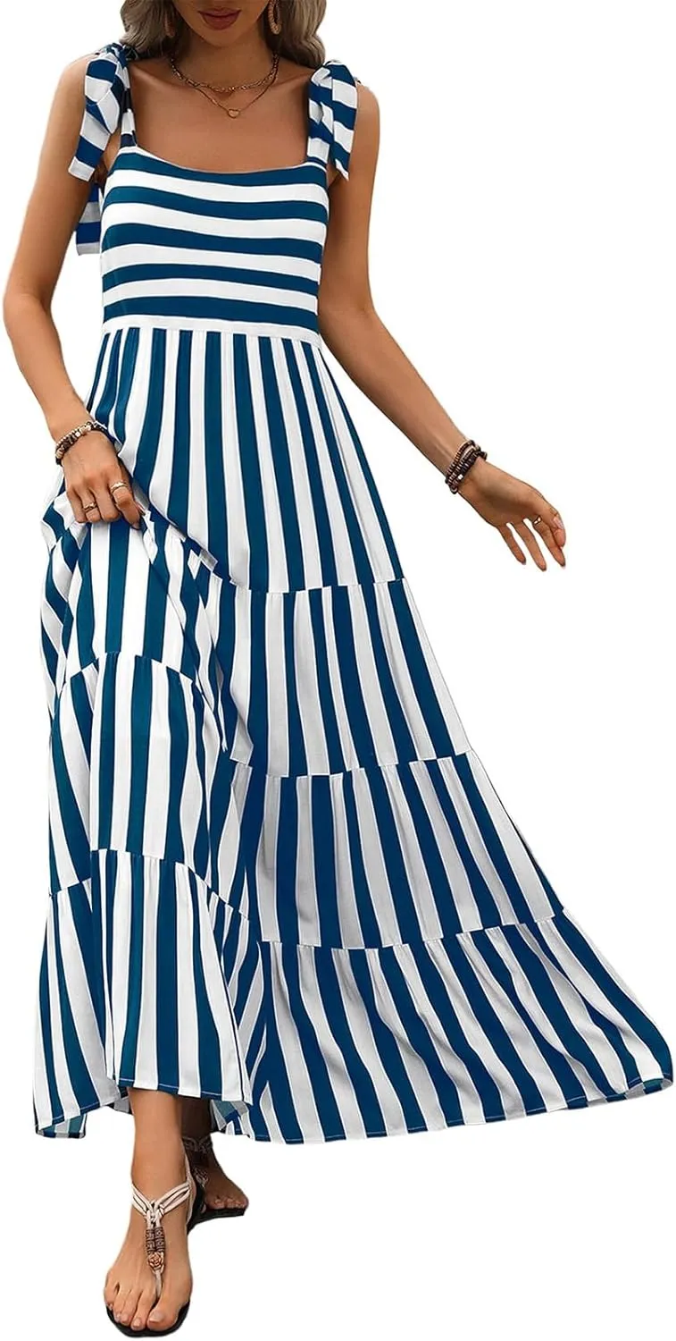 Women Dresses 2025 Summer Floral Sleeveless Maxi Dress Casual Spaghetti Strap Tiered Flowy Beach Long Dress