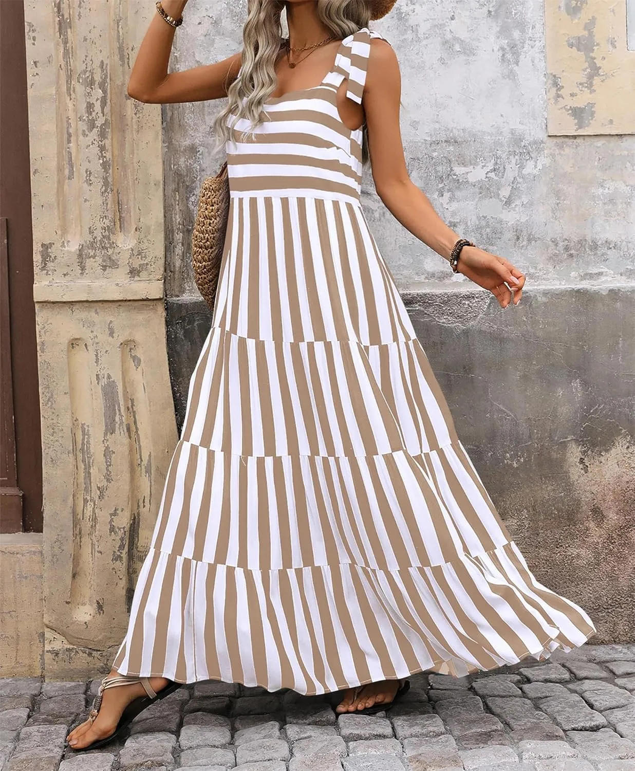 Women Dresses 2025 Summer Floral Sleeveless Maxi Dress Casual Spaghetti Strap Tiered Flowy Beach Long Dress