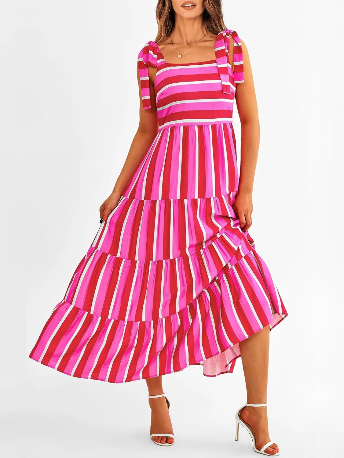 Women Dresses 2025 Summer Floral Sleeveless Maxi Dress Casual Spaghetti Strap Tiered Flowy Beach Long Dress