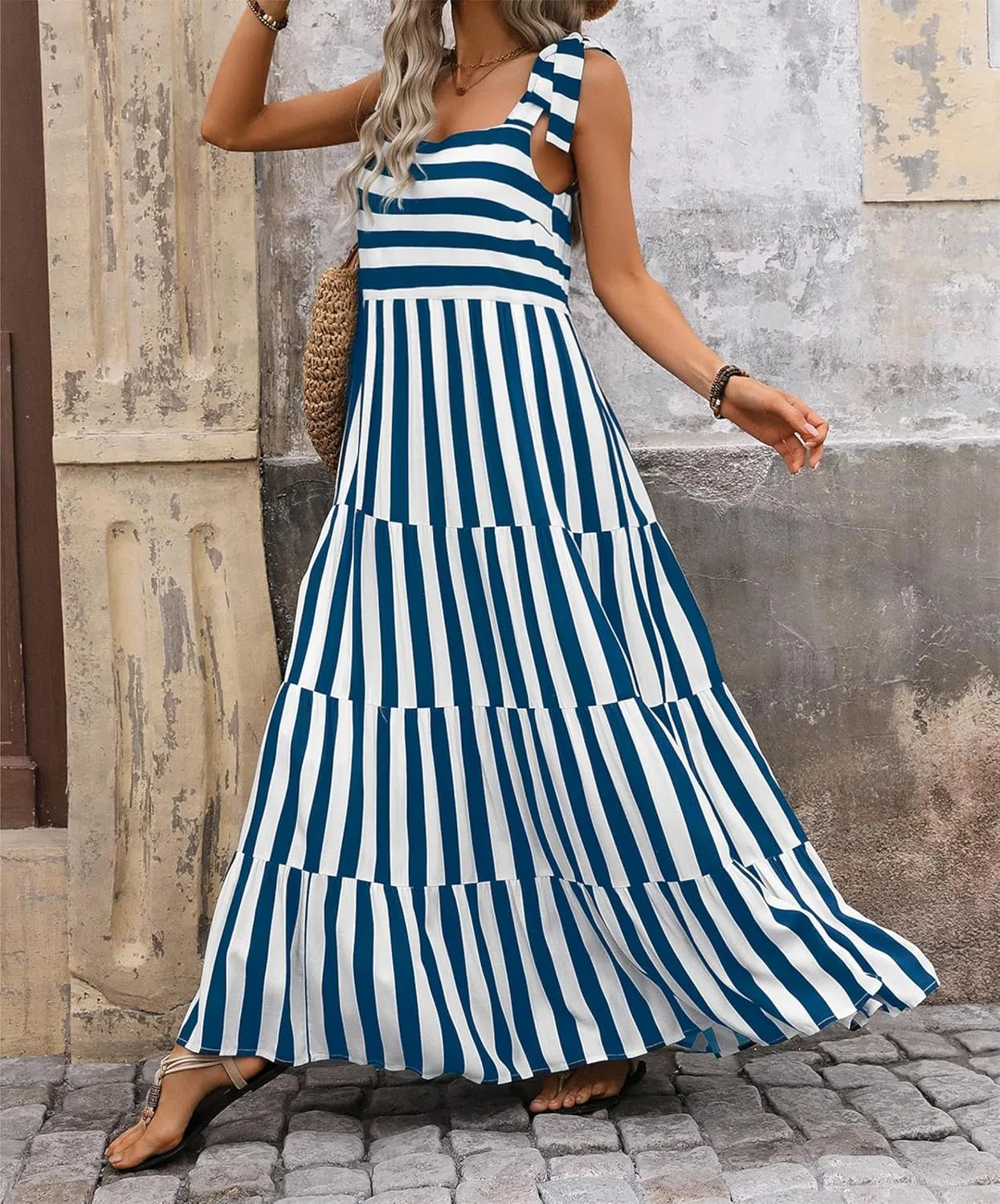Women Dresses 2025 Summer Floral Sleeveless Maxi Dress Casual Spaghetti Strap Tiered Flowy Beach Long Dress