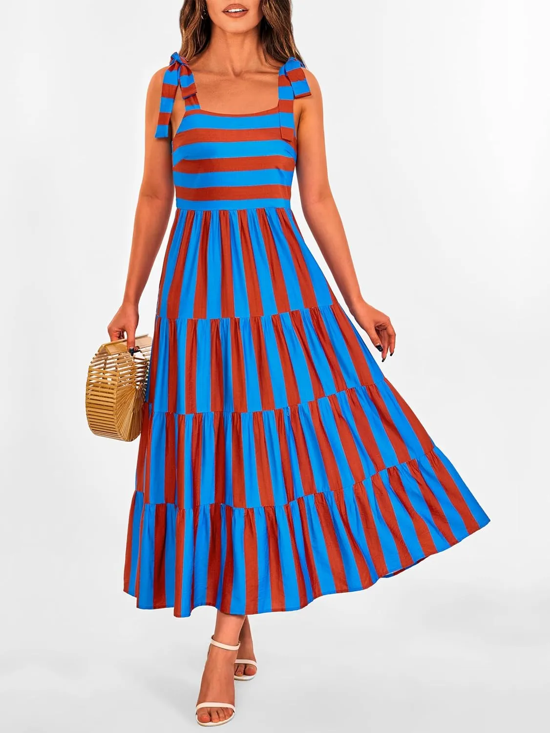 Women Dresses 2025 Summer Floral Sleeveless Maxi Dress Casual Spaghetti Strap Tiered Flowy Beach Long Dress