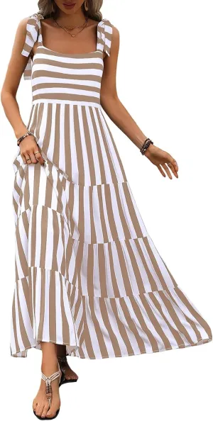 Women Dresses 2025 Summer Floral Sleeveless Maxi Dress Casual Spaghetti Strap Tiered Flowy Beach Long Dress