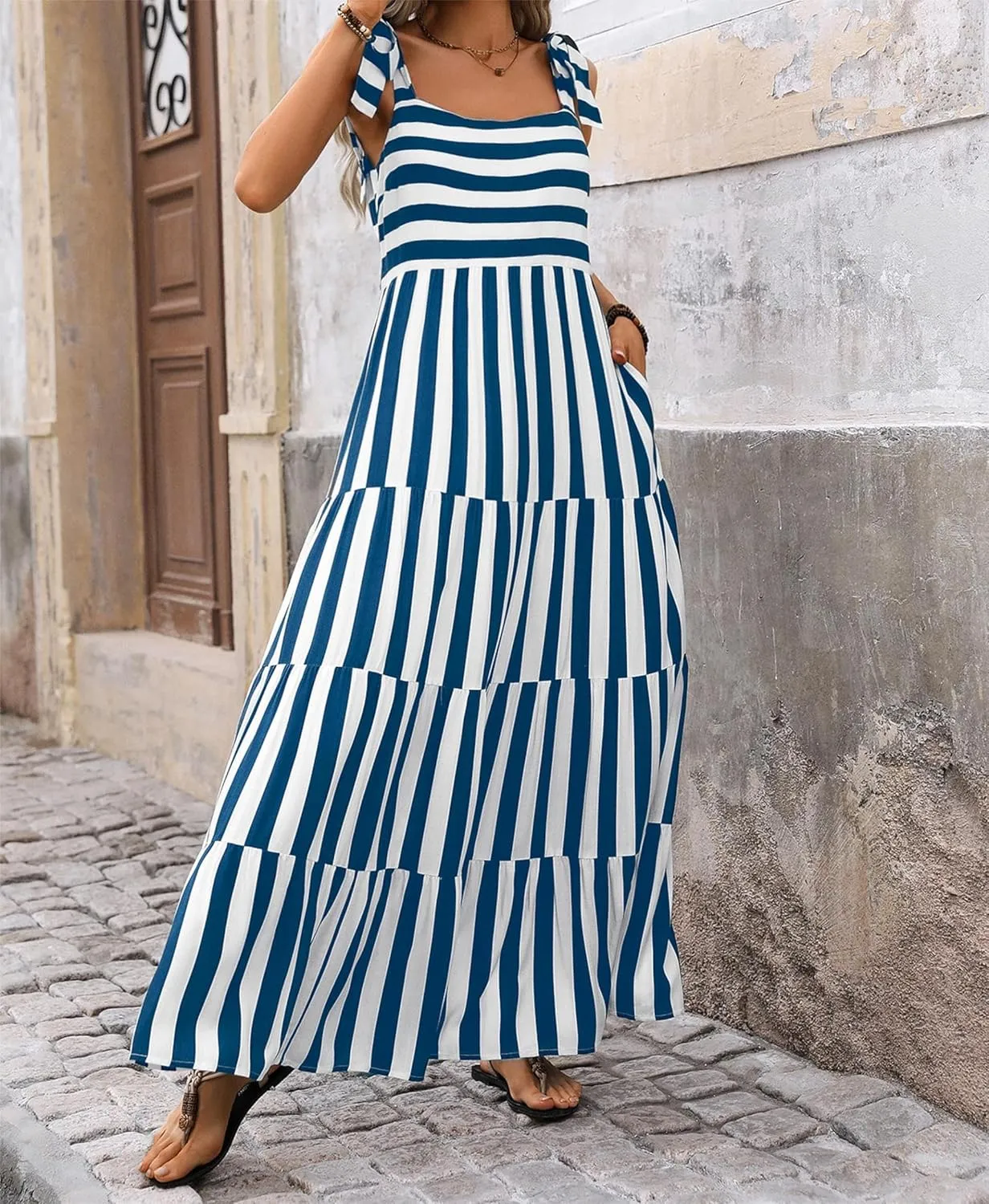 Women Dresses 2025 Summer Floral Sleeveless Maxi Dress Casual Spaghetti Strap Tiered Flowy Beach Long Dress