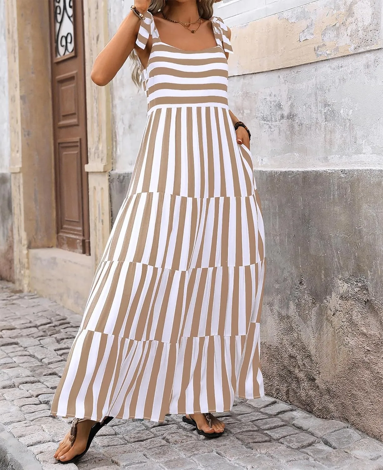 Women Dresses 2025 Summer Floral Sleeveless Maxi Dress Casual Spaghetti Strap Tiered Flowy Beach Long Dress