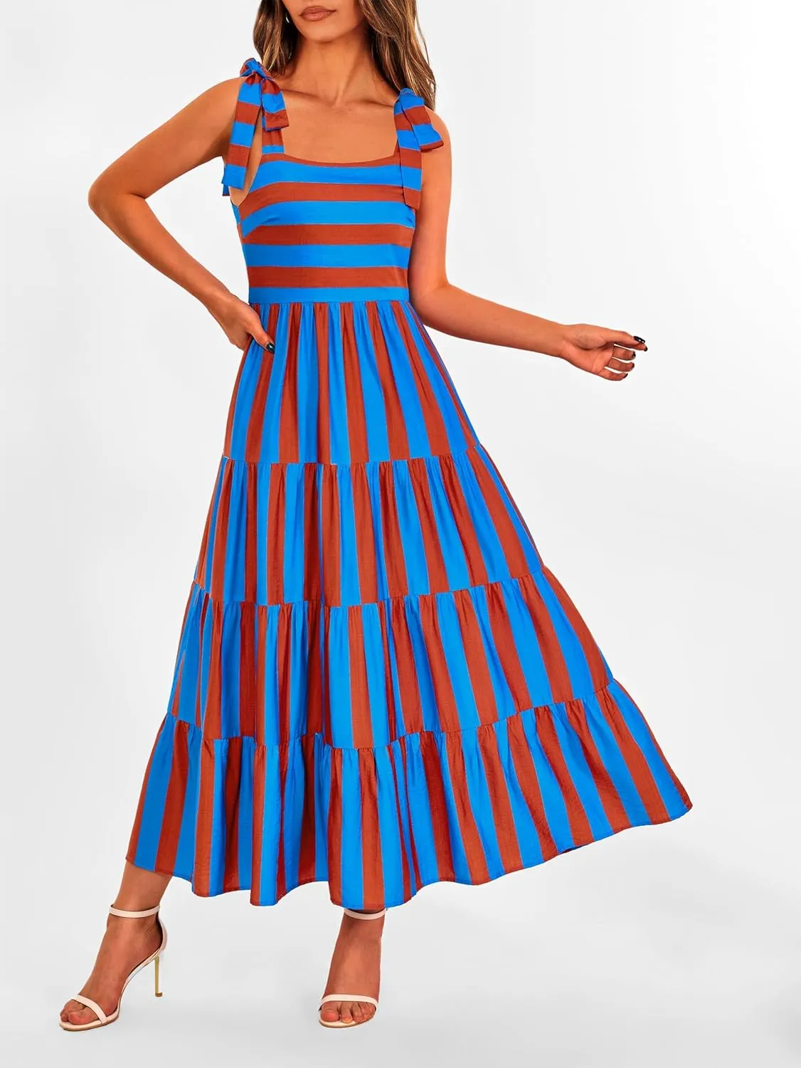 Women Dresses 2025 Summer Floral Sleeveless Maxi Dress Casual Spaghetti Strap Tiered Flowy Beach Long Dress