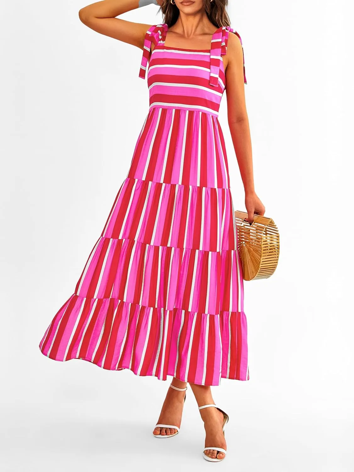 Women Dresses 2025 Summer Floral Sleeveless Maxi Dress Casual Spaghetti Strap Tiered Flowy Beach Long Dress