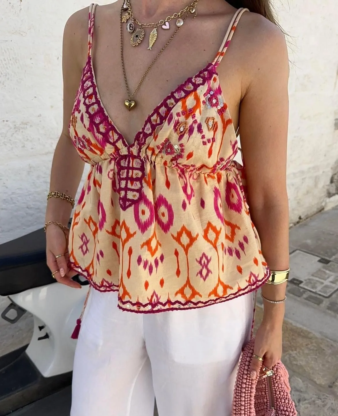 Women Floral Print Tie Shoulder Tank Tops Y2k V Neck Ruffle Hem Cami Shirt Cute Smocked Cami Tops