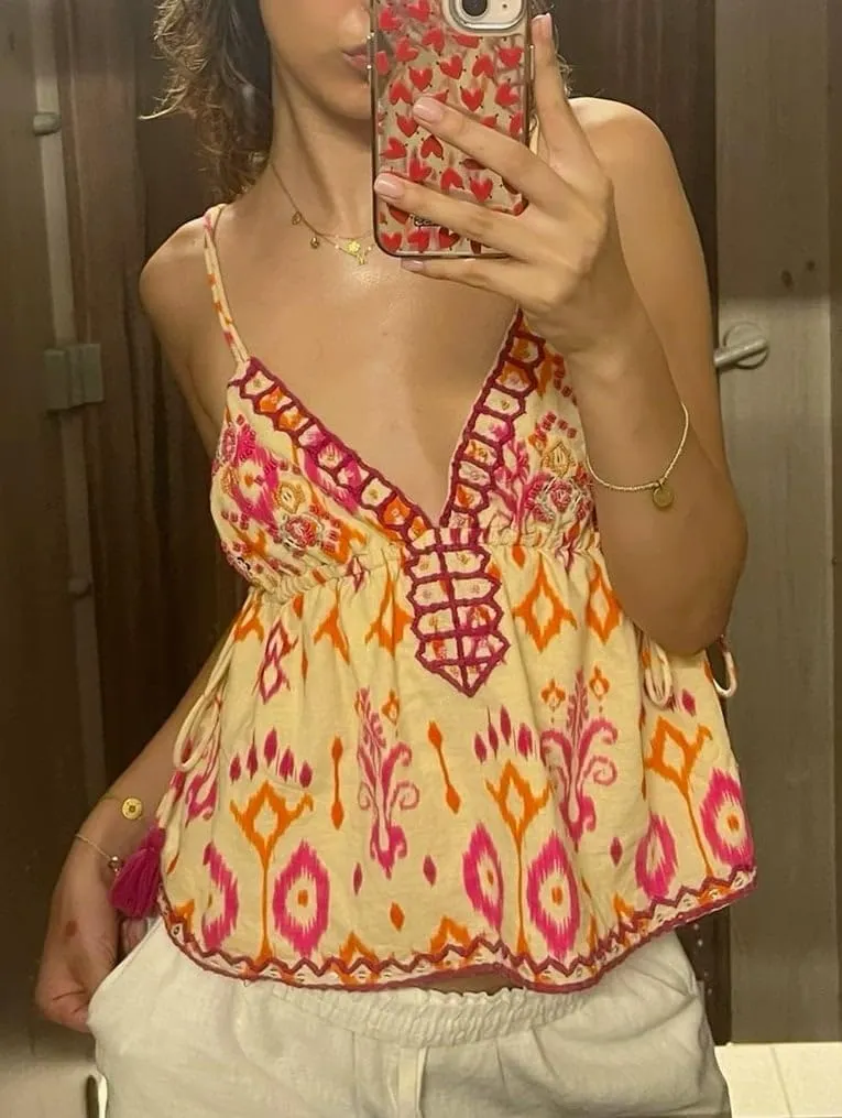 Women Floral Print Tie Shoulder Tank Tops Y2k V Neck Ruffle Hem Cami Shirt Cute Smocked Cami Tops