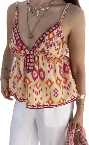 Women Floral Print Tie Shoulder Tank Tops Y2k V Neck Ruffle Hem Cami Shirt Cute Smocked Cami Tops