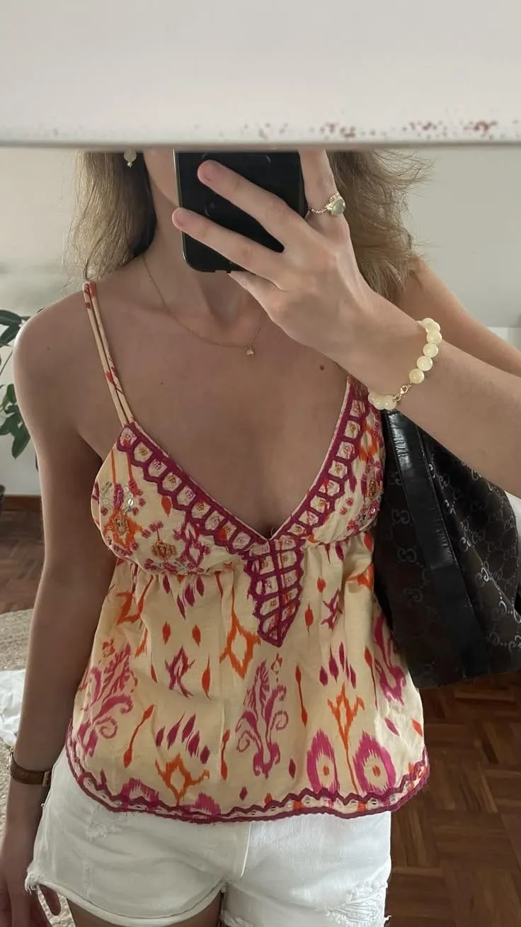 Women Floral Print Tie Shoulder Tank Tops Y2k V Neck Ruffle Hem Cami Shirt Cute Smocked Cami Tops