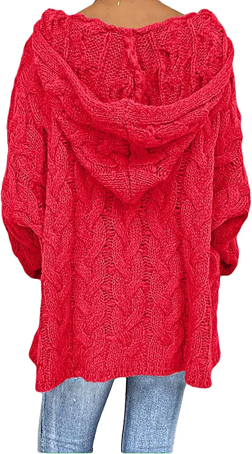 Women Hooded Cable Knit Sweaters Solid Color Long Seelve Chunky Pullover Sweater Casual Jumper Top Oversized Hoodies