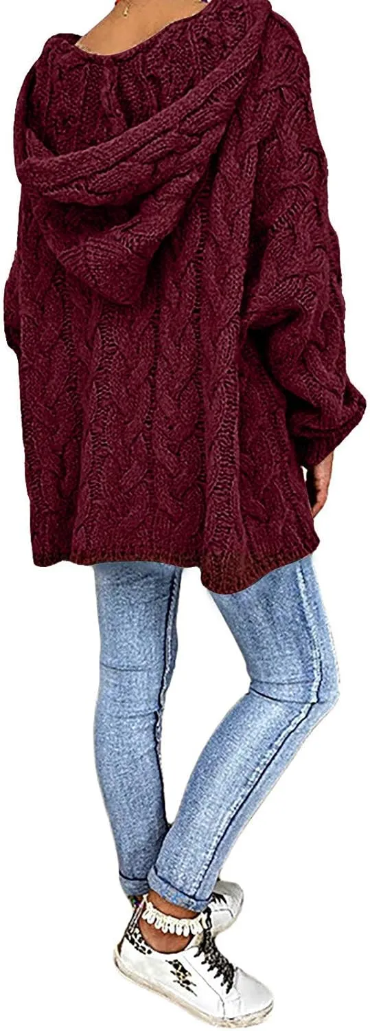 Women Hooded Cable Knit Sweaters Solid Color Long Seelve Chunky Pullover Sweater Casual Jumper Top Oversized Hoodies