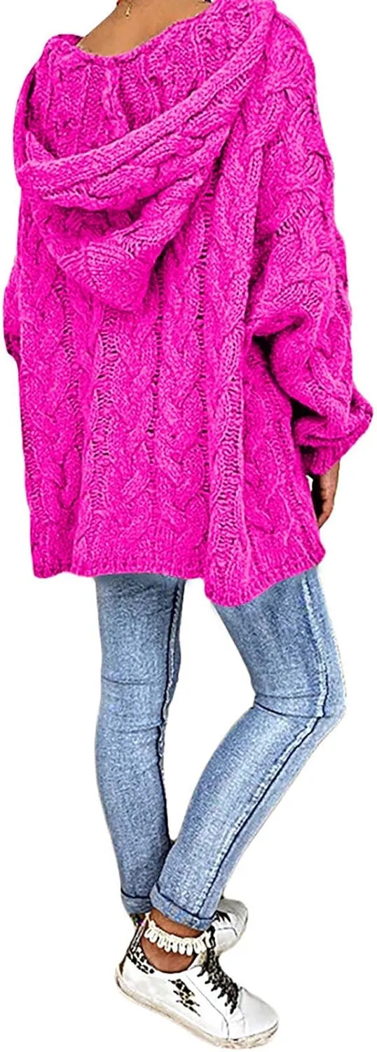 Women Hooded Cable Knit Sweaters Solid Color Long Seelve Chunky Pullover Sweater Casual Jumper Top Oversized Hoodies