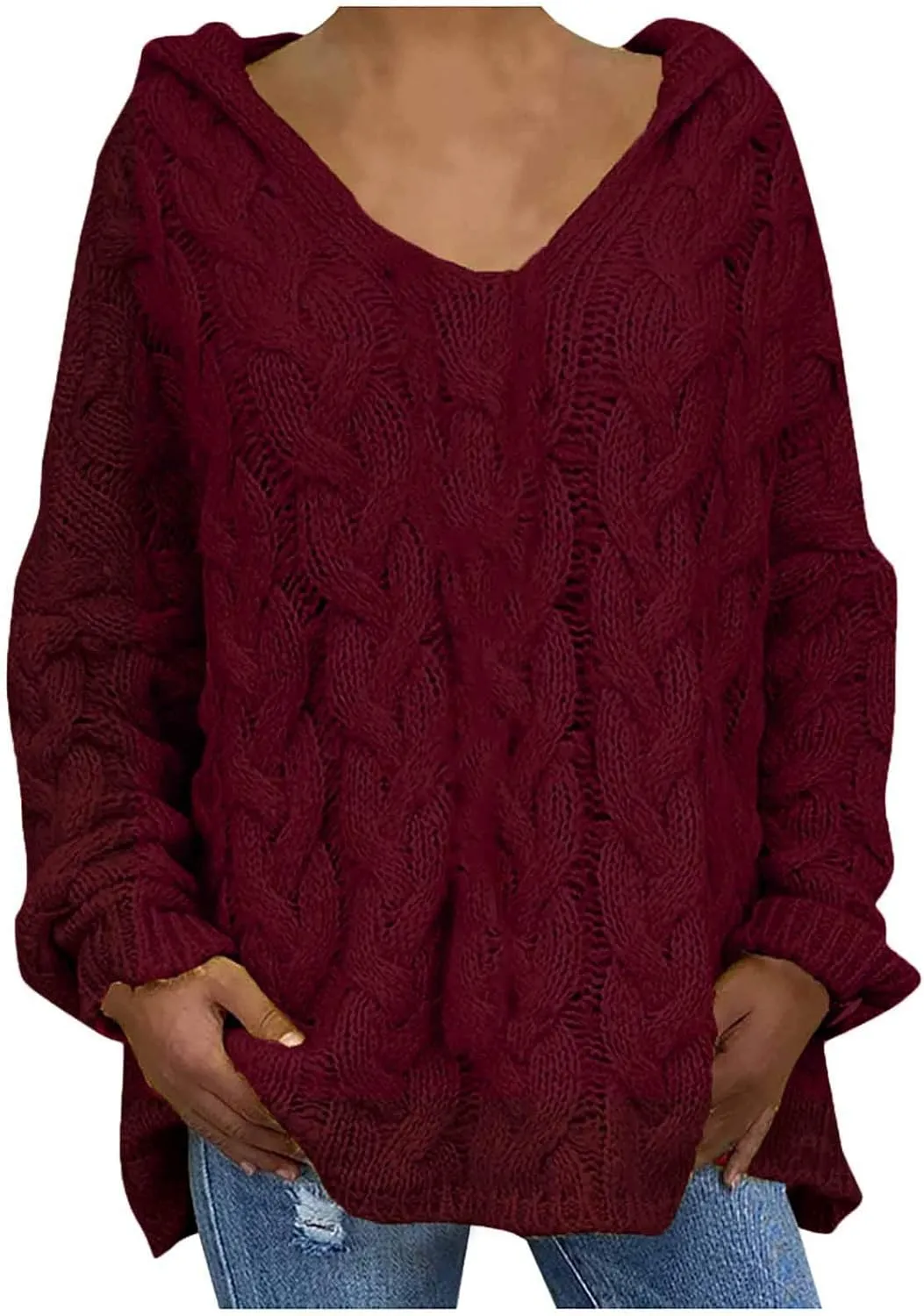 Women Hooded Cable Knit Sweaters Solid Color Long Seelve Chunky Pullover Sweater Casual Jumper Top Oversized Hoodies
