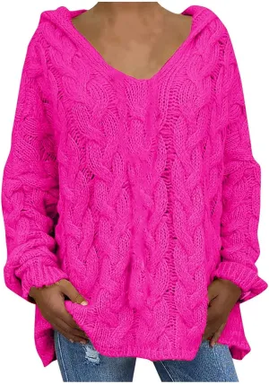 Women Hooded Cable Knit Sweaters Solid Color Long Seelve Chunky Pullover Sweater Casual Jumper Top Oversized Hoodies