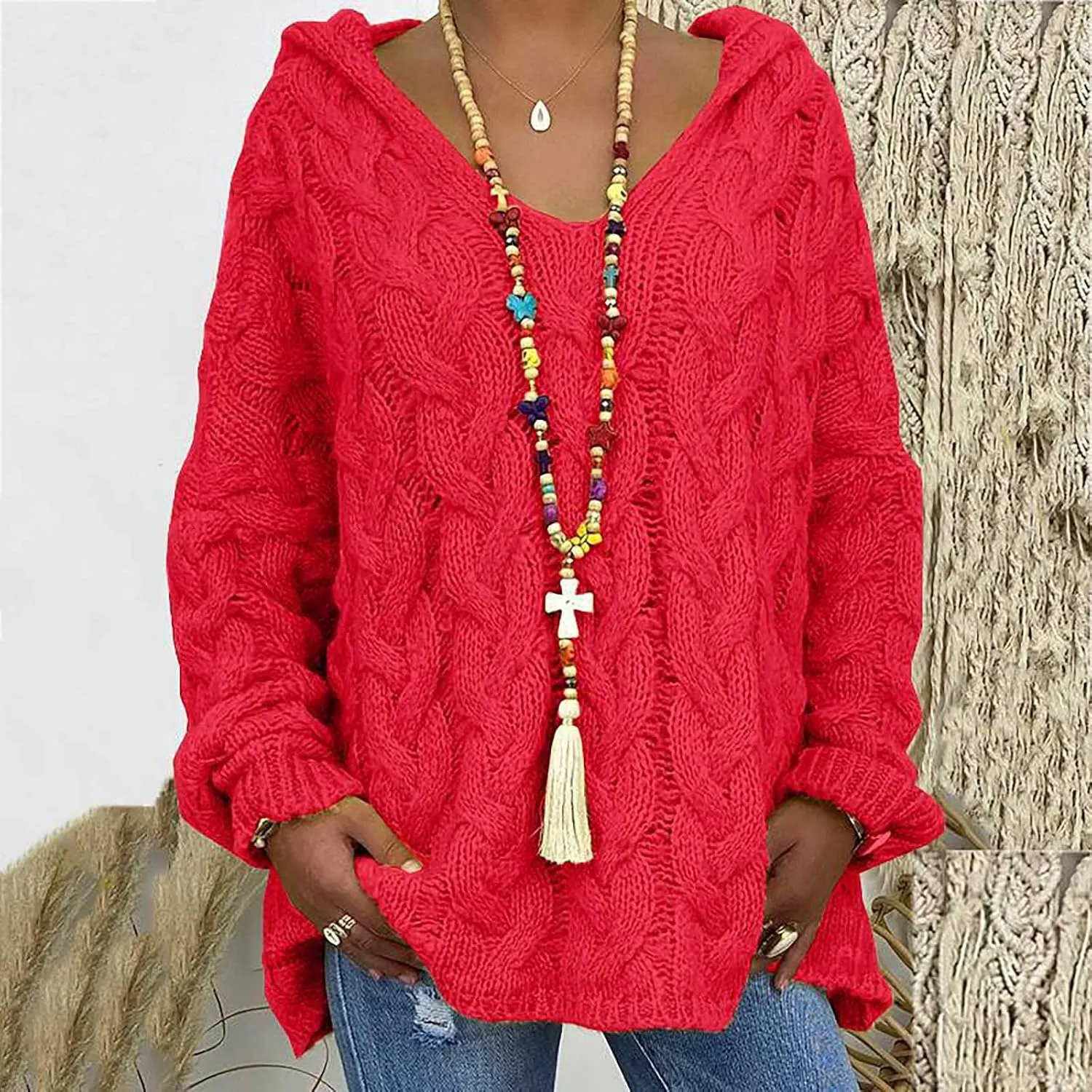 Women Hooded Cable Knit Sweaters Solid Color Long Seelve Chunky Pullover Sweater Casual Jumper Top Oversized Hoodies