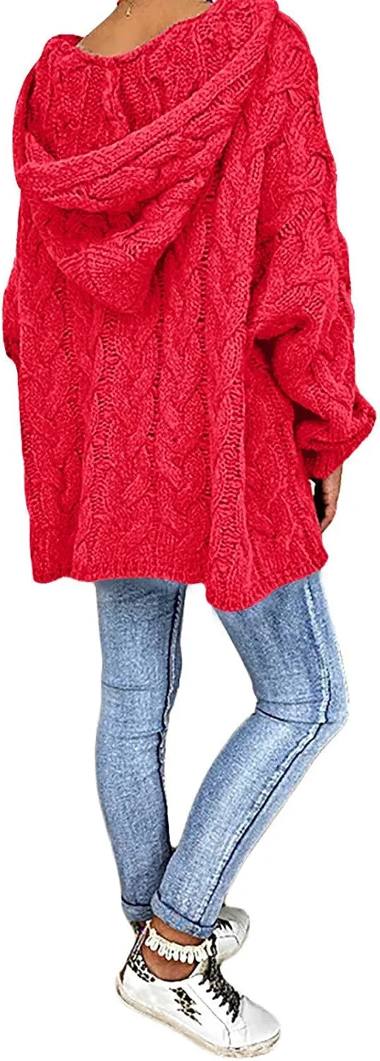 Women Hooded Cable Knit Sweaters Solid Color Long Seelve Chunky Pullover Sweater Casual Jumper Top Oversized Hoodies