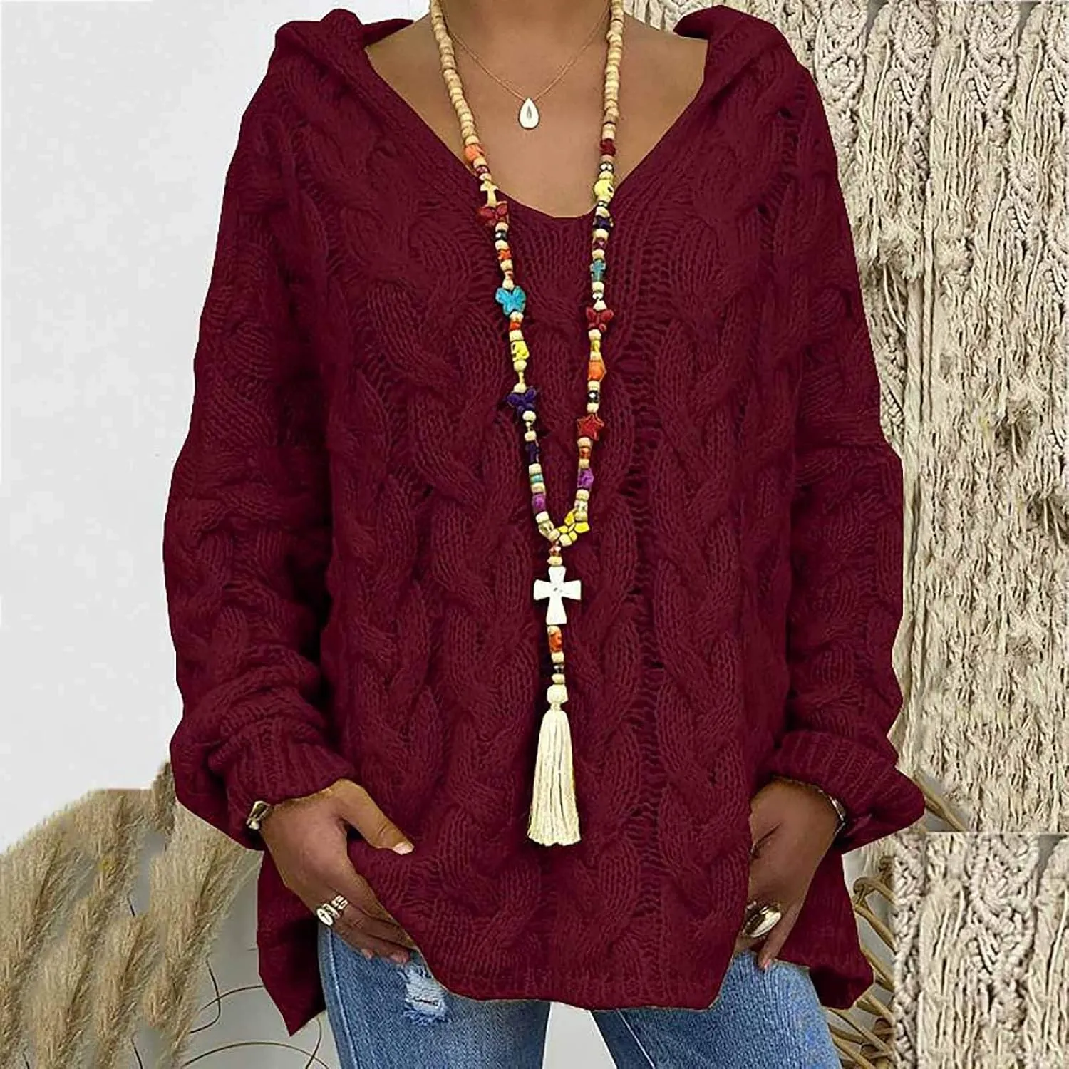 Women Hooded Cable Knit Sweaters Solid Color Long Seelve Chunky Pullover Sweater Casual Jumper Top Oversized Hoodies