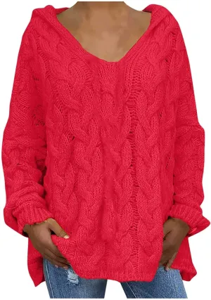 Women Hooded Cable Knit Sweaters Solid Color Long Seelve Chunky Pullover Sweater Casual Jumper Top Oversized Hoodies