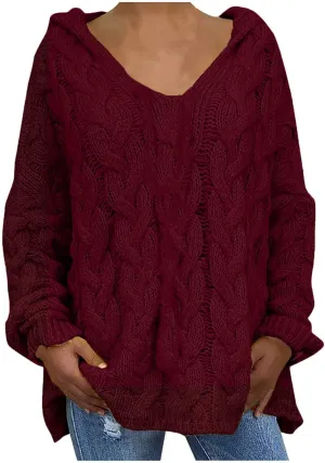 Women Hooded Cable Knit Sweaters Solid Color Long Seelve Chunky Pullover Sweater Casual Jumper Top Oversized Hoodies