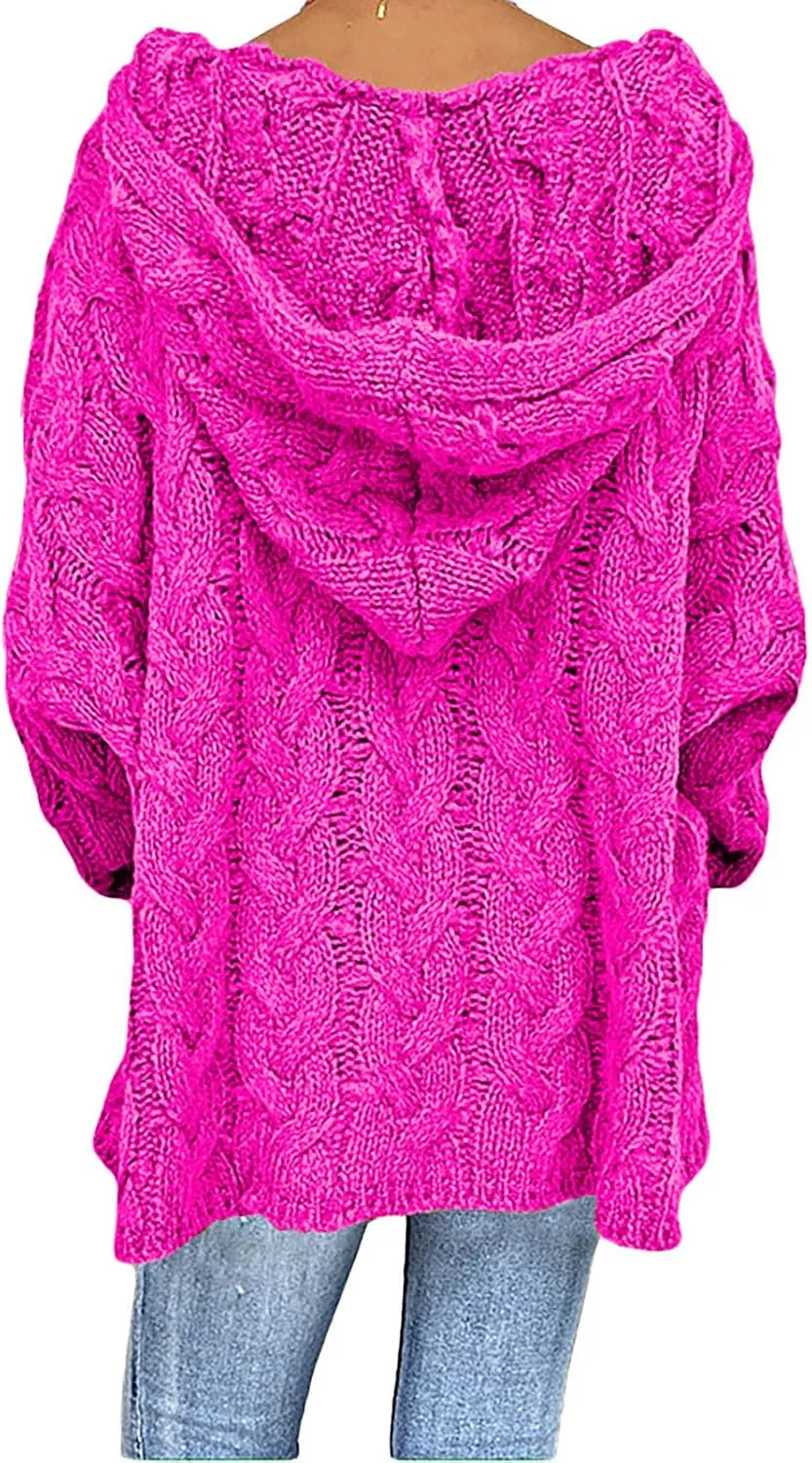 Women Hooded Cable Knit Sweaters Solid Color Long Seelve Chunky Pullover Sweater Casual Jumper Top Oversized Hoodies