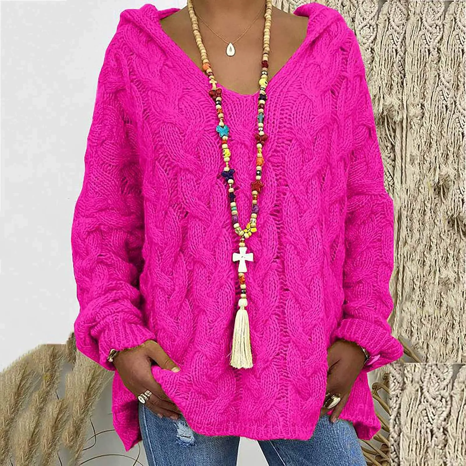 Women Hooded Cable Knit Sweaters Solid Color Long Seelve Chunky Pullover Sweater Casual Jumper Top Oversized Hoodies