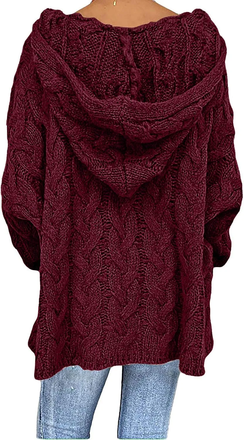 Women Hooded Cable Knit Sweaters Solid Color Long Seelve Chunky Pullover Sweater Casual Jumper Top Oversized Hoodies
