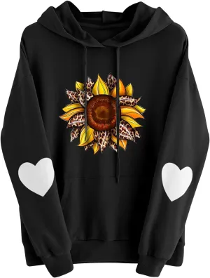 Women Hoodies Daisy Graphic Long Sleeve Pullover Drawstring Tops 2024 Fall Loose Floral Print Sweatshirt with Pockets