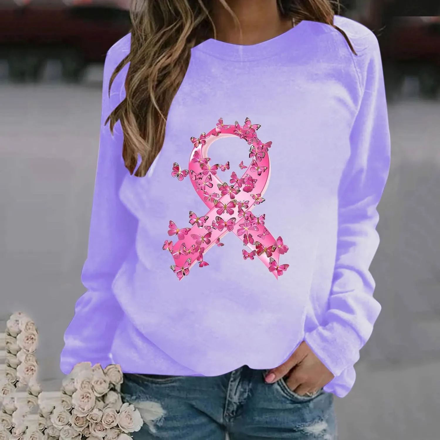 Women Oversized Sweatshirt Breast Cancer Fight Awareness Long Sleeve Crewneck Hoodies Shirts Pullover Top