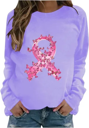 Women Oversized Sweatshirt Breast Cancer Fight Awareness Long Sleeve Crewneck Hoodies Shirts Pullover Top