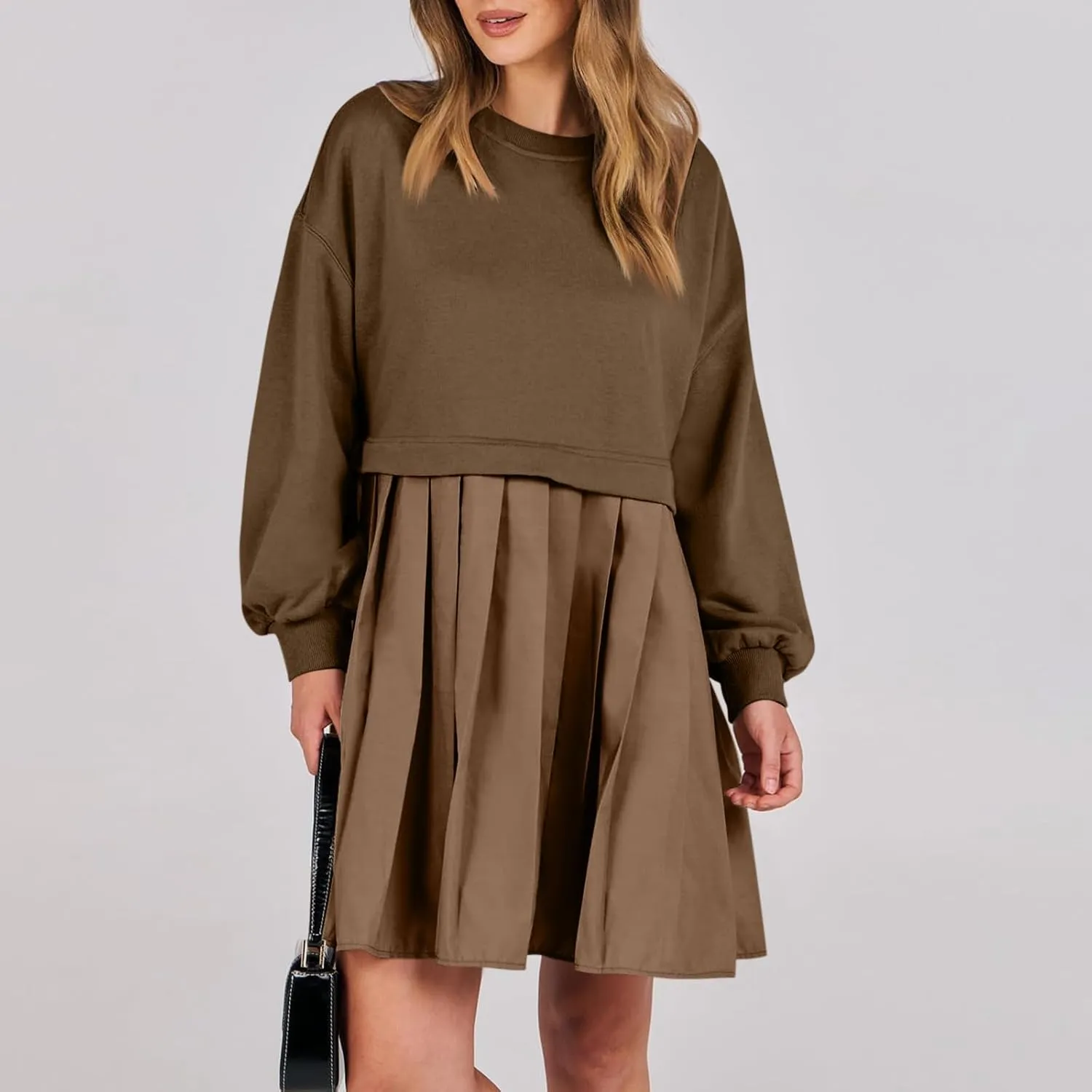Women Oversized Sweatshirt Dress Long Sleeve Patchwork Crewneck Babydoll Pullover Flowy Pleated Layered Mini Dress