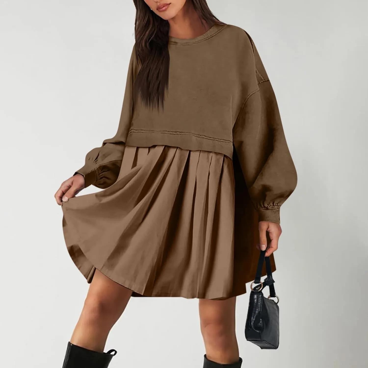 Women Oversized Sweatshirt Dress Long Sleeve Patchwork Crewneck Babydoll Pullover Flowy Pleated Layered Mini Dress