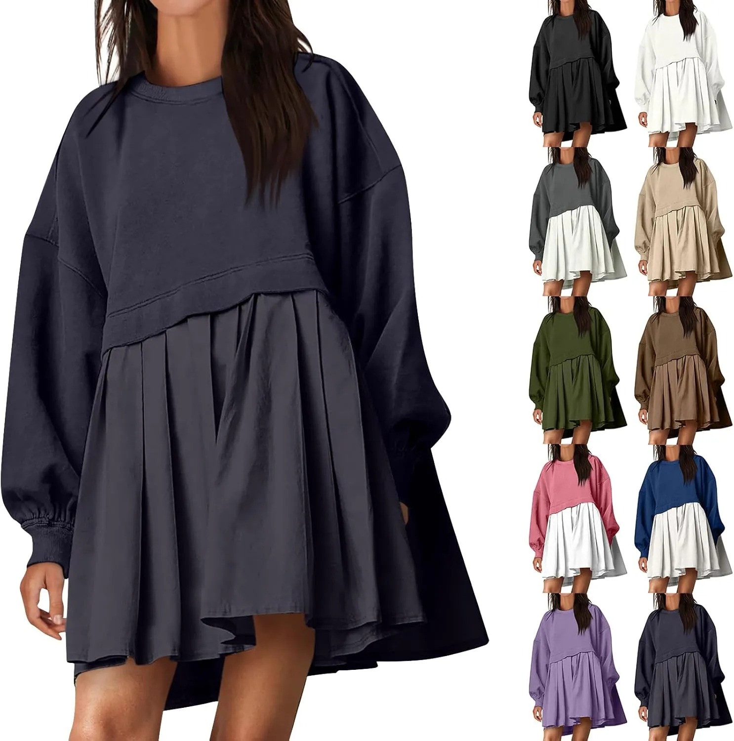 Women Oversized Sweatshirt Dress Long Sleeve Patchwork Crewneck Babydoll Pullover Flowy Pleated Layered Mini Dress