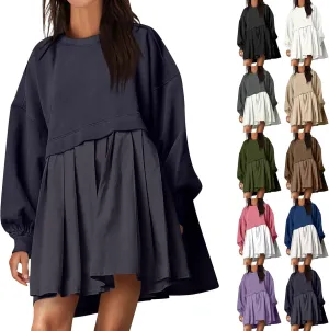 Women Oversized Sweatshirt Dress Long Sleeve Patchwork Crewneck Babydoll Pullover Flowy Pleated Layered Mini Dress