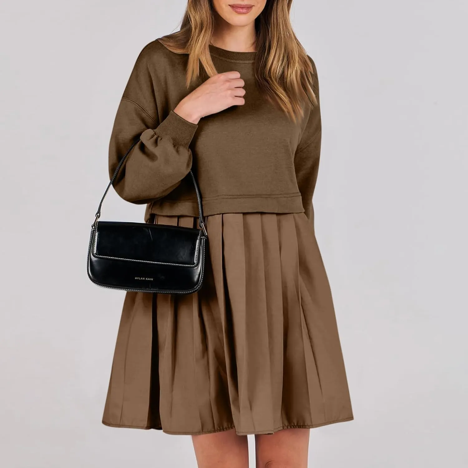 Women Oversized Sweatshirt Dress Long Sleeve Patchwork Crewneck Babydoll Pullover Flowy Pleated Layered Mini Dress