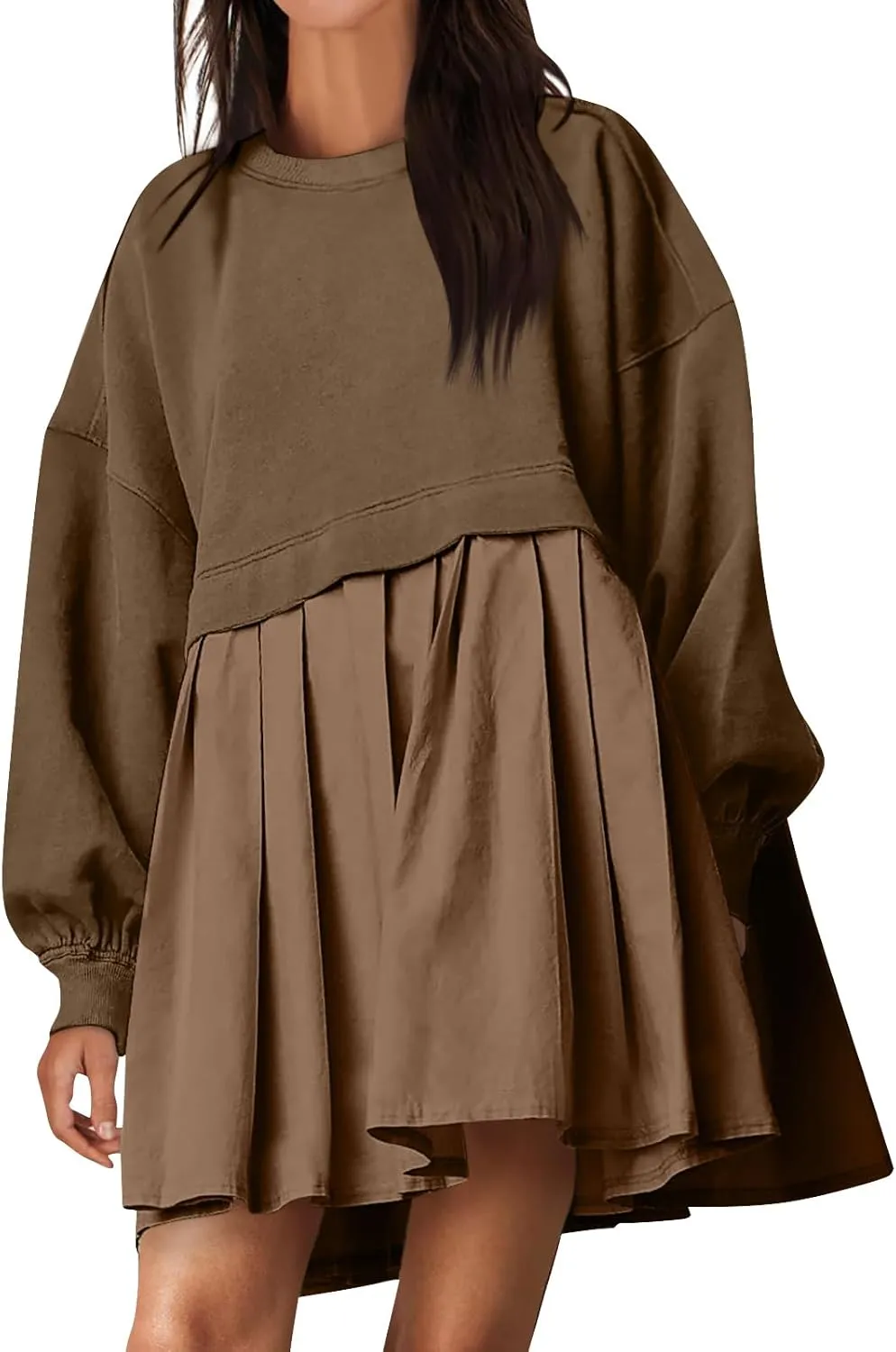 Women Oversized Sweatshirt Dress Long Sleeve Patchwork Crewneck Babydoll Pullover Flowy Pleated Layered Mini Dress