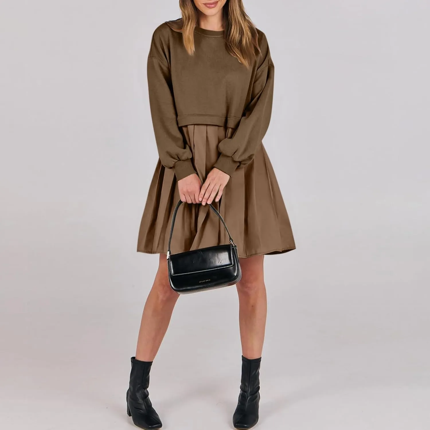 Women Oversized Sweatshirt Dress Long Sleeve Patchwork Crewneck Babydoll Pullover Flowy Pleated Layered Mini Dress