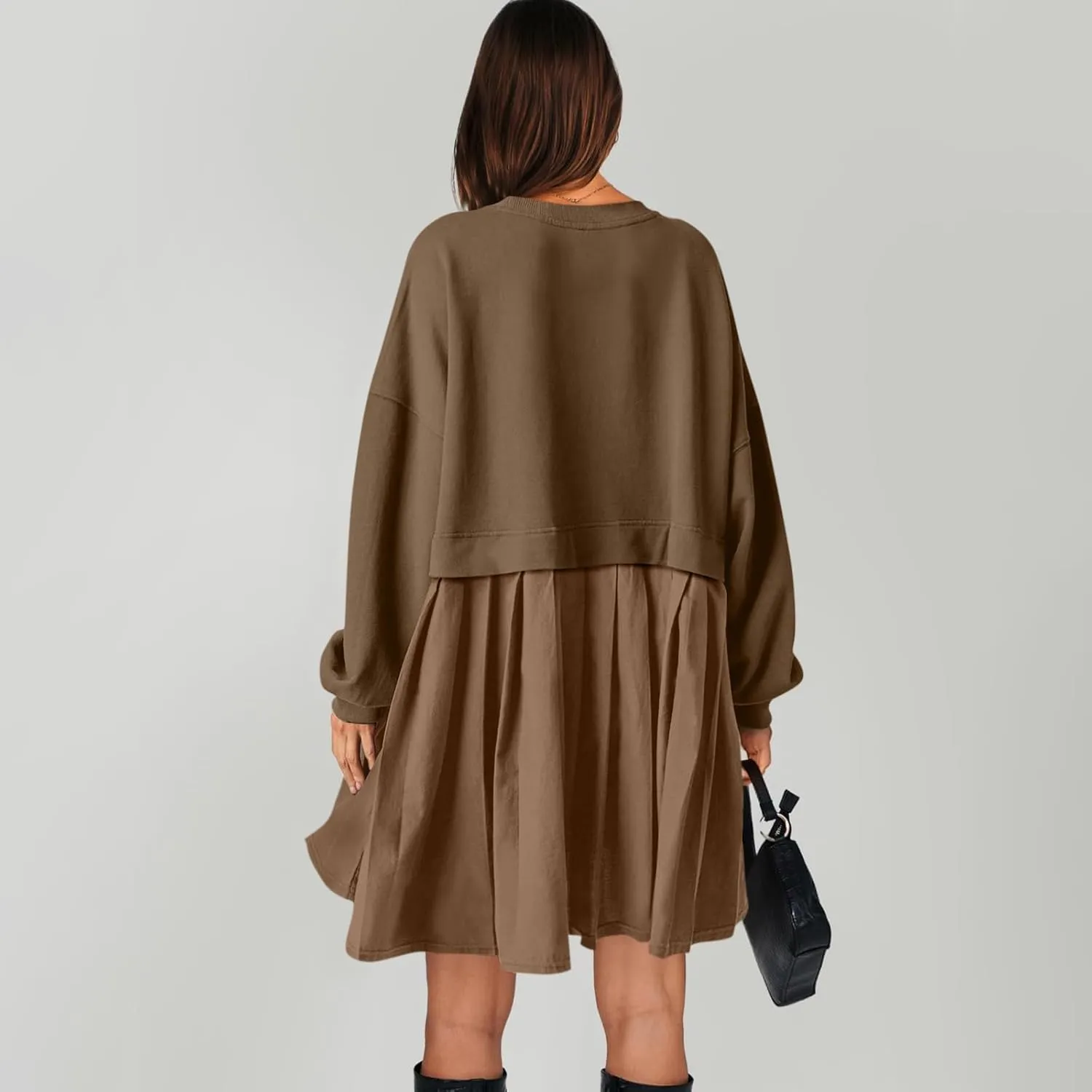 Women Oversized Sweatshirt Dress Long Sleeve Patchwork Crewneck Babydoll Pullover Flowy Pleated Layered Mini Dress