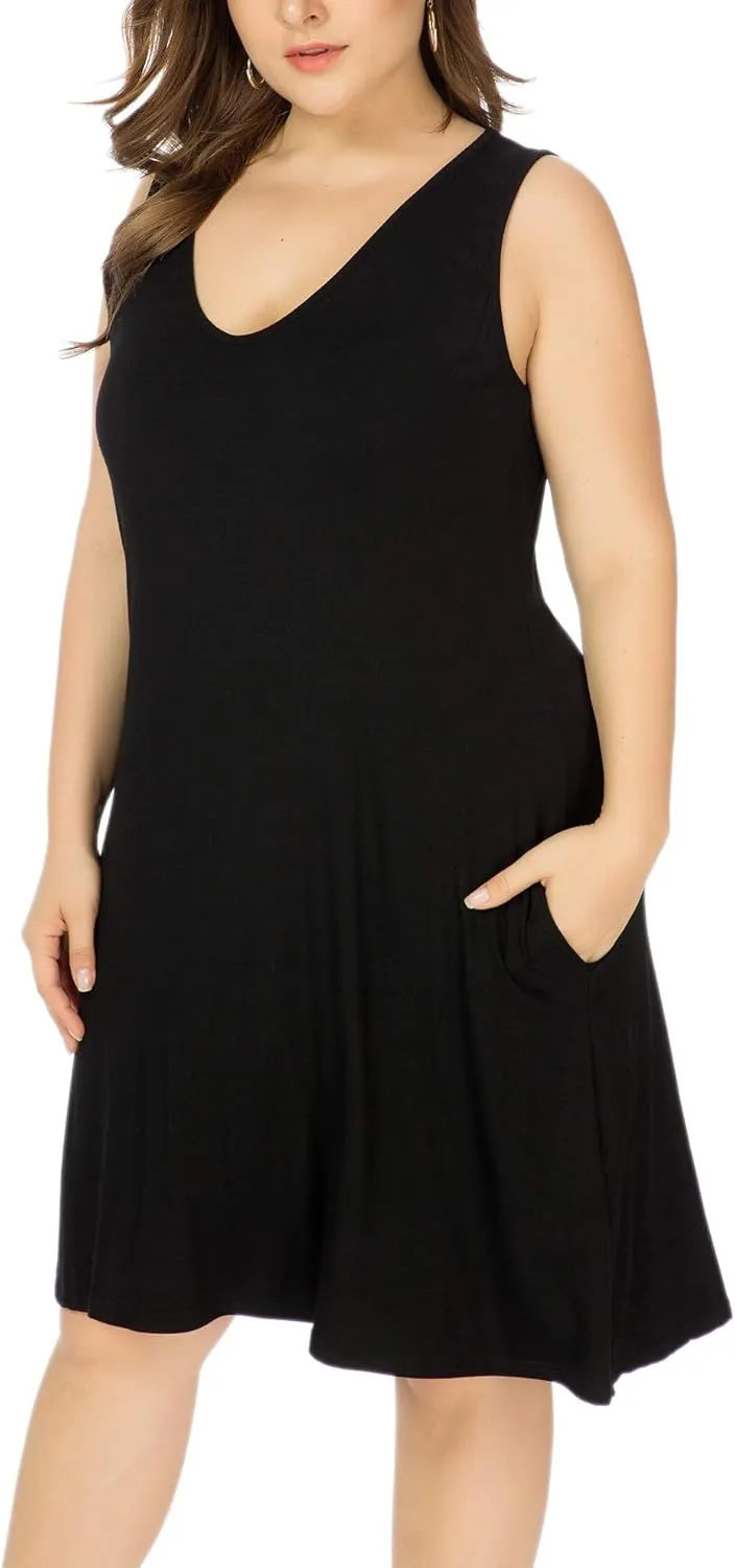 Women Plus Size V Neck Sleeveless Floral Print Pocket T Shirt Dresses Casual Midi Tank Dress Beach Cover up Sundress (XL-5X)