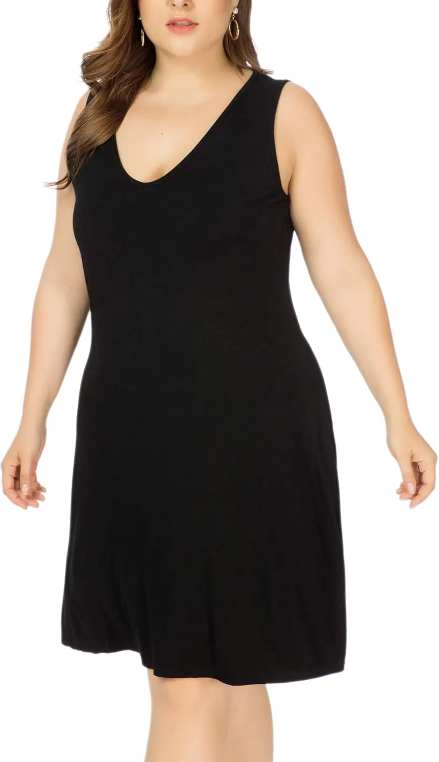 Women Plus Size V Neck Sleeveless Floral Print Pocket T Shirt Dresses Casual Midi Tank Dress Beach Cover up Sundress (XL-5X)