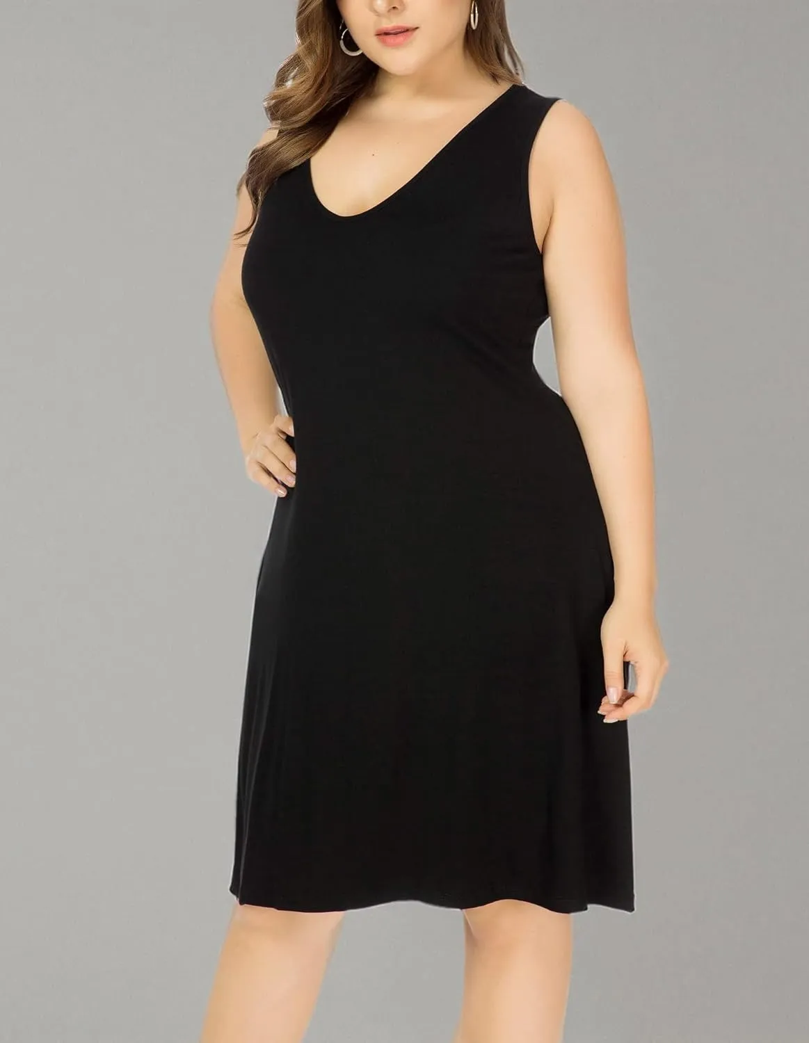 Women Plus Size V Neck Sleeveless Floral Print Pocket T Shirt Dresses Casual Midi Tank Dress Beach Cover up Sundress (XL-5X)