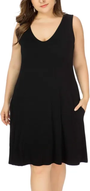 Women Plus Size V Neck Sleeveless Floral Print Pocket T Shirt Dresses Casual Midi Tank Dress Beach Cover up Sundress (XL-5X)