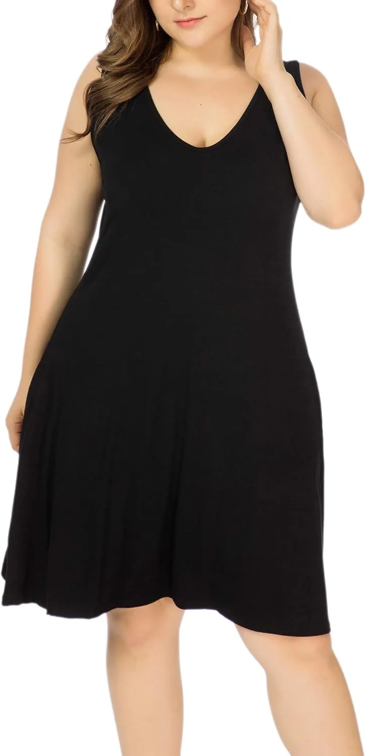 Women Plus Size V Neck Sleeveless Floral Print Pocket T Shirt Dresses Casual Midi Tank Dress Beach Cover up Sundress (XL-5X)