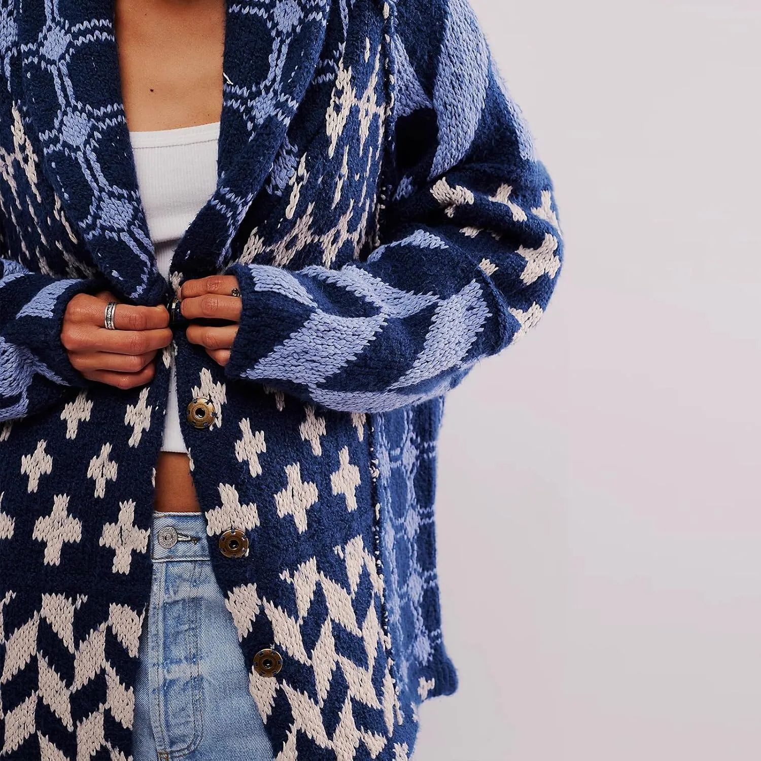 Women Shawl Collar Cardigan Sweater Y2k Print Botton Down Oversized Sweater Vintage Knit Sweater Coat Fall Fashion