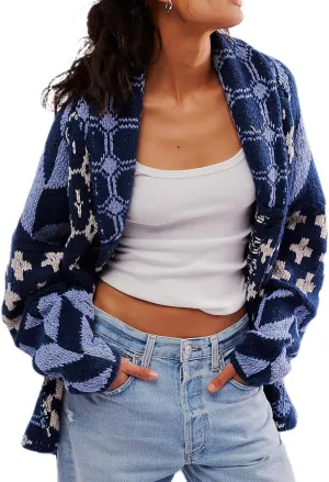Women Shawl Collar Cardigan Sweater Y2k Print Botton Down Oversized Sweater Vintage Knit Sweater Coat Fall Fashion