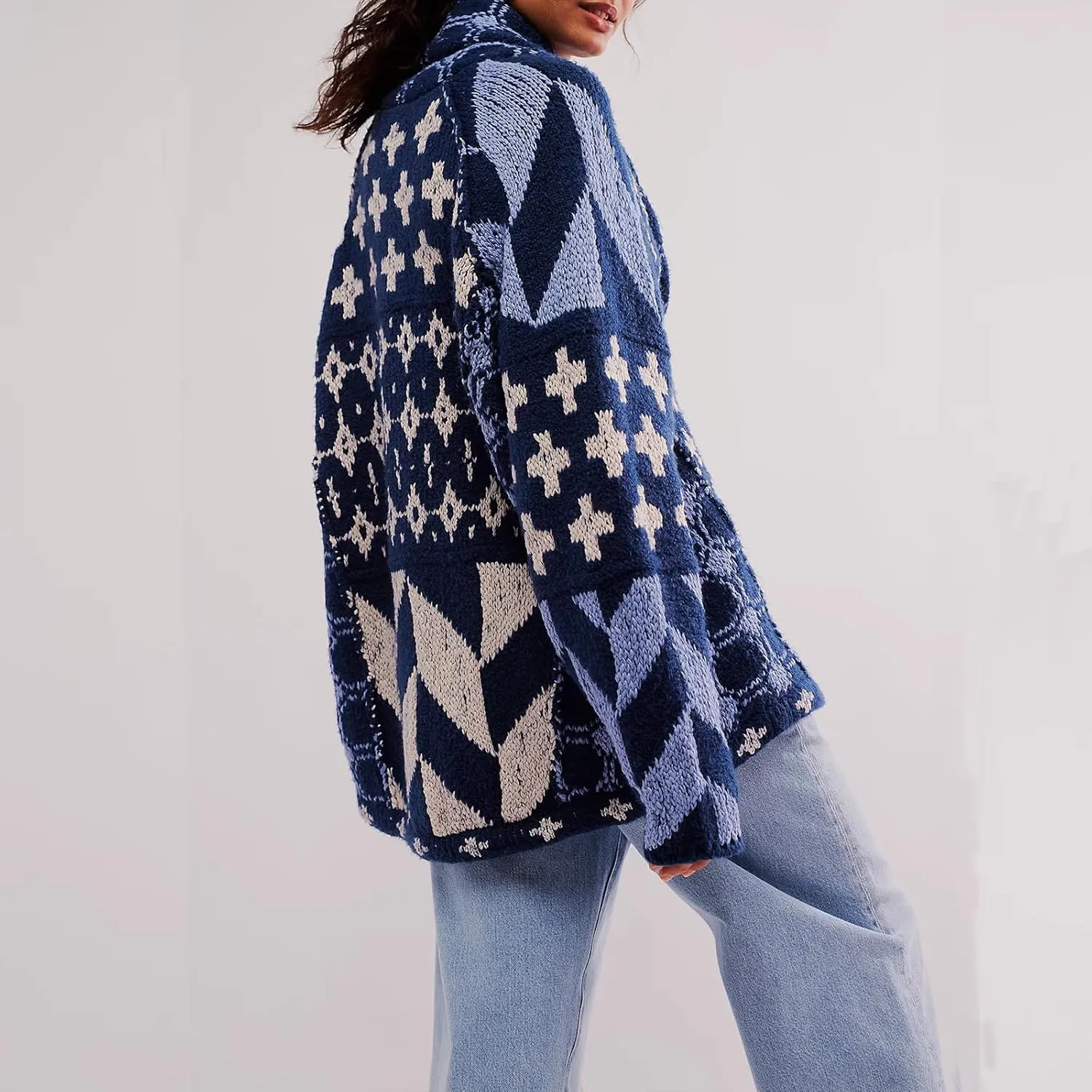 Women Shawl Collar Cardigan Sweater Y2k Print Botton Down Oversized Sweater Vintage Knit Sweater Coat Fall Fashion